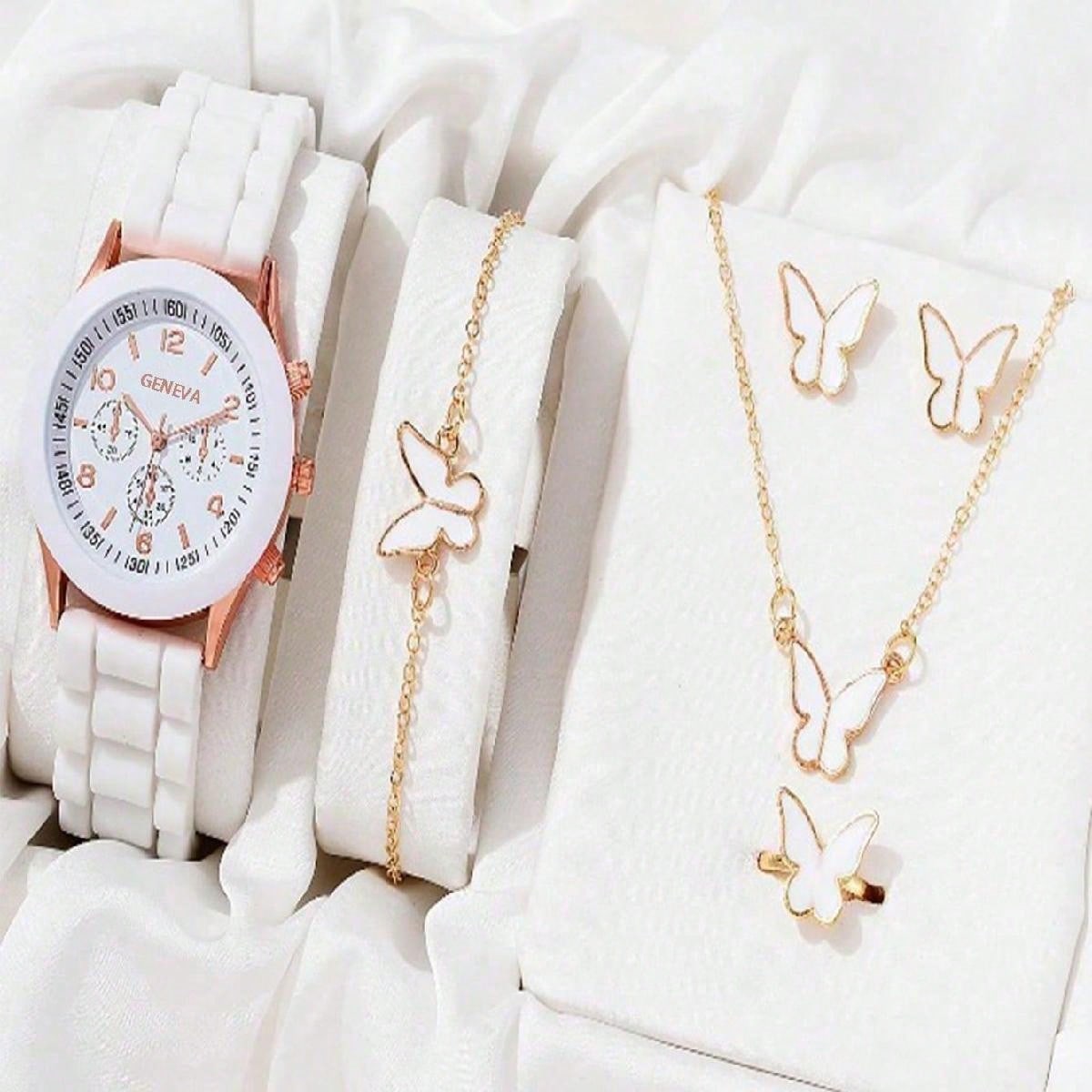 Ensemble de montres de luxe pour femme, bague, collier, boucles d'oreilles, bracelet en cuir papillon, montre à quartz pour femme, sans étui, 6 pièces AI0001 – Image 3