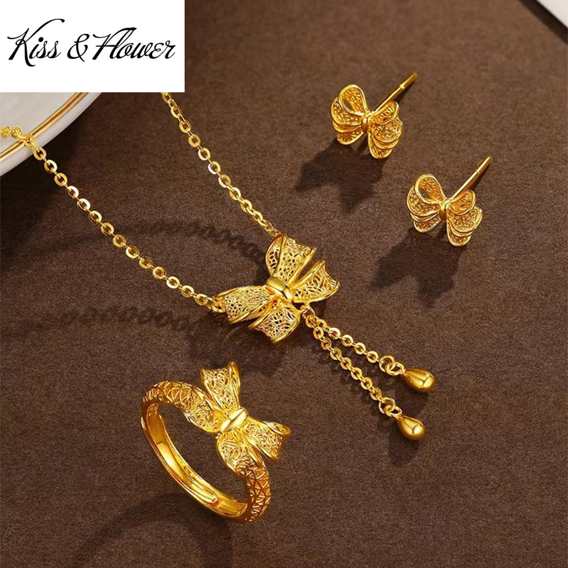 KISS & FLOpacks-Ensemble de bijoux en or 24 carats pour femme, collier nœud papillon, bague, boucles d'oreilles, bijoux fins, vente en gros, cadeau de fête de mariage, JS34 AI0001 – Image 7
