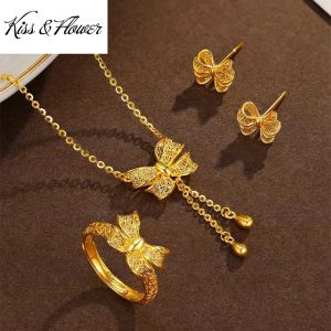 KISS & FLOpacks-Ensemble de bijoux en or 24 carats pour femme, collier nœud papillon, bague, boucles d'oreilles, bijoux fins, vente en gros, cadeau de fête de mariage, JS34 AI0001