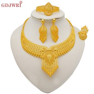 Ensemble de bijoux en or de Dubaï pour femmes, boucles d'oreilles et collier indiens, accessoires pour patients marocains du Nigéria, bracelet de mariage, fête AI0001