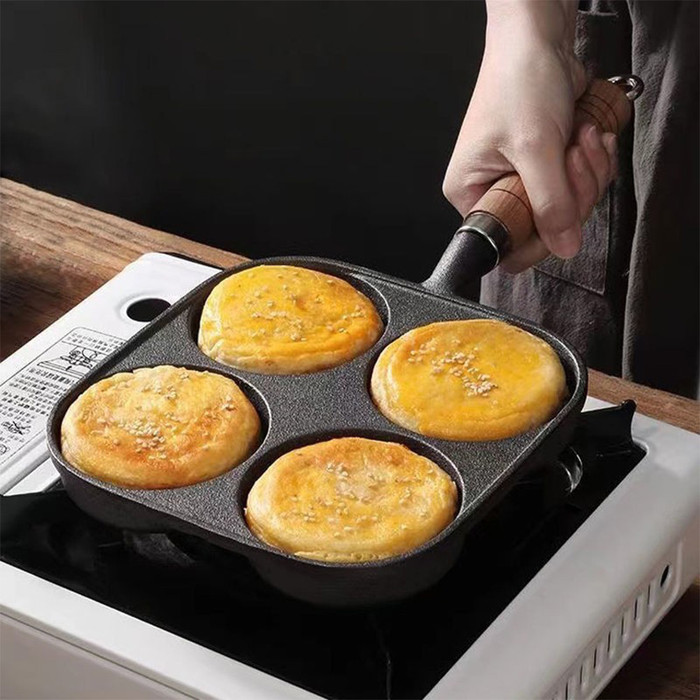 Poêle à frire antiarina à 4 trous avec manche en bois, poêle à œufs, poêle à crêpes, poêle à steak, adaptée à la cuisinière à gaz, cuisinière à induction AI0001 – Image 3