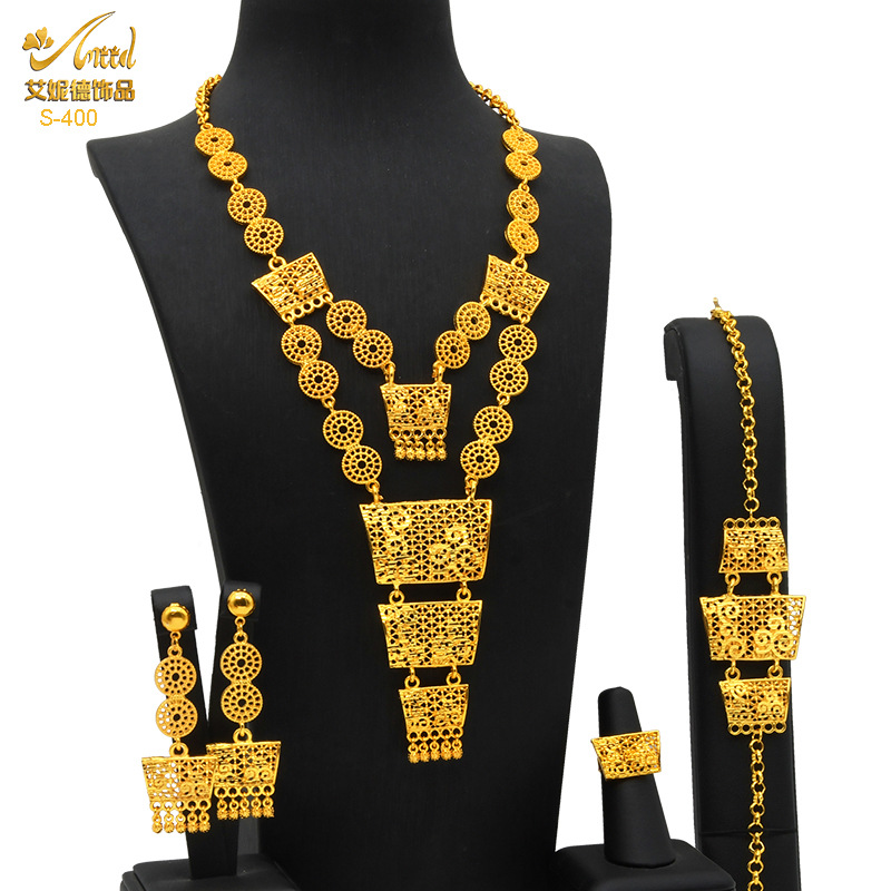 Ensemble de bijoux pendentif plaqué or pour mariage, collier long en alliage, bracelet, bague, boucles d'oreilles, vente chaude AI0001 – Image 5
