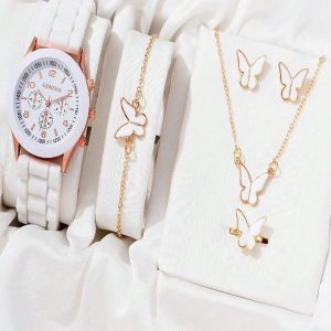 Ensemble de montres de luxe pour femme, bague, collier, boucles d'oreilles, bracelet en cuir papillon, montre à quartz pour femme, sans étui, 6 pièces AI0001