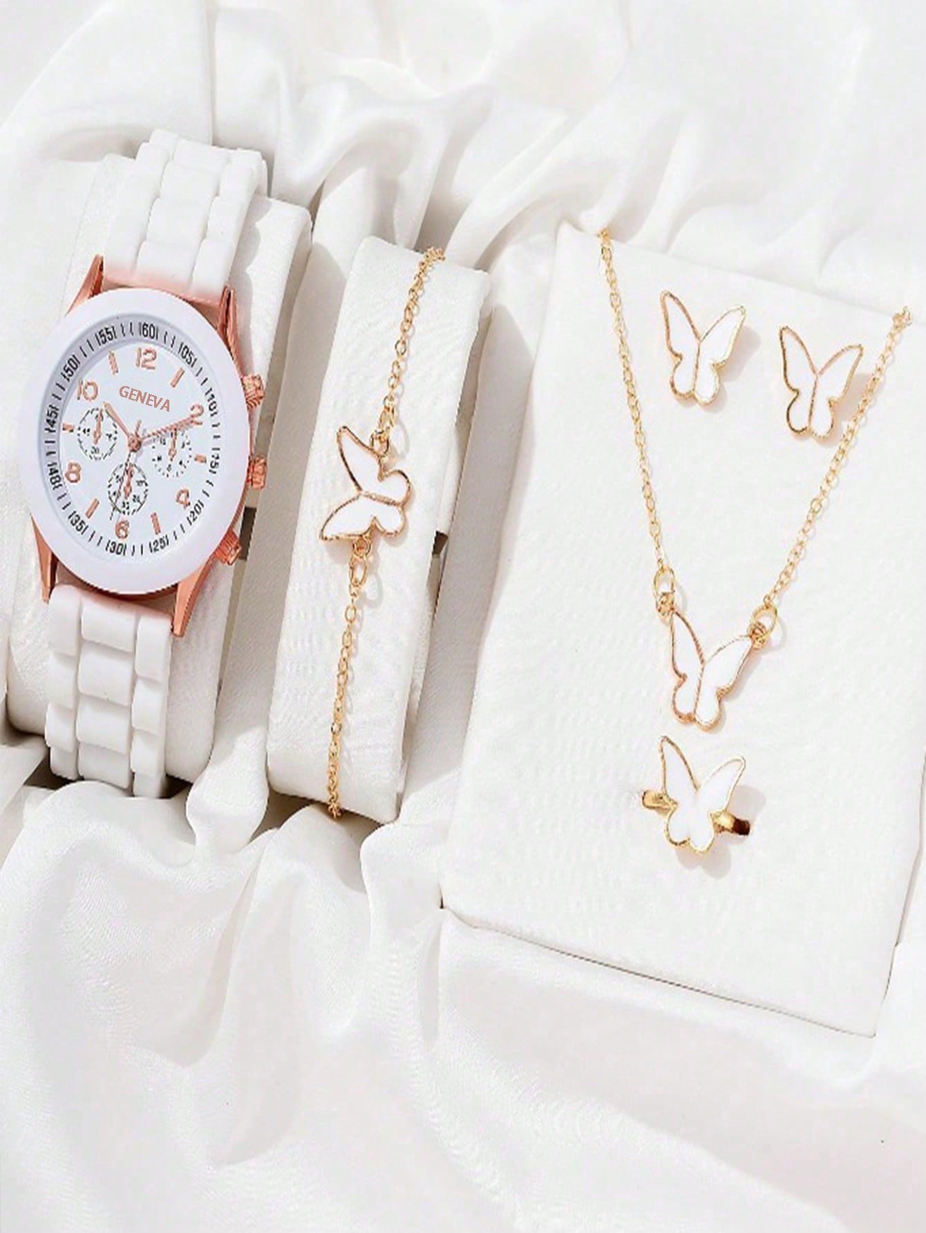 Ensemble de montres de luxe pour femme, bague, collier, boucles d'oreilles, bracelet en cuir papillon, montre à quartz pour femme, sans étui, 6 pièces AI0001 – Image 7