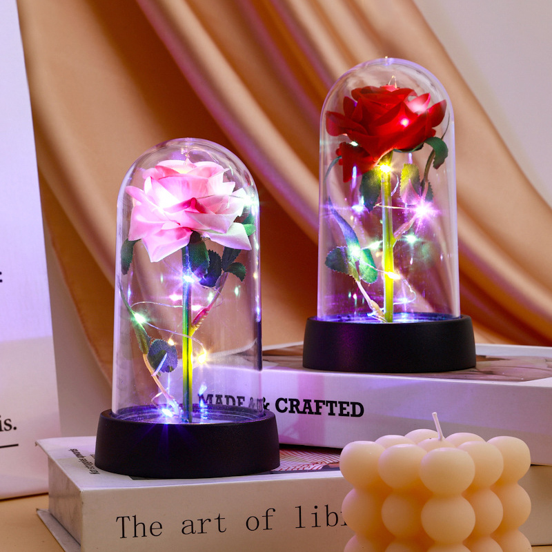 Fleurs de rose artificielles avec lumière LED, fleur en feuille d'aluminium, rose éternelle dans un couvercle en verre, décoration de mariage et de maison, cadeau d'anniversaire et de fête des mères AI0001 – Image 6