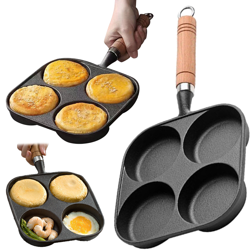 Poêle à frire antiarina à 4 trous avec manche en bois, poêle à œufs, poêle à crêpes, poêle à steak, adaptée à la cuisinière à gaz, cuisinière à induction AI0001 – Image 5
