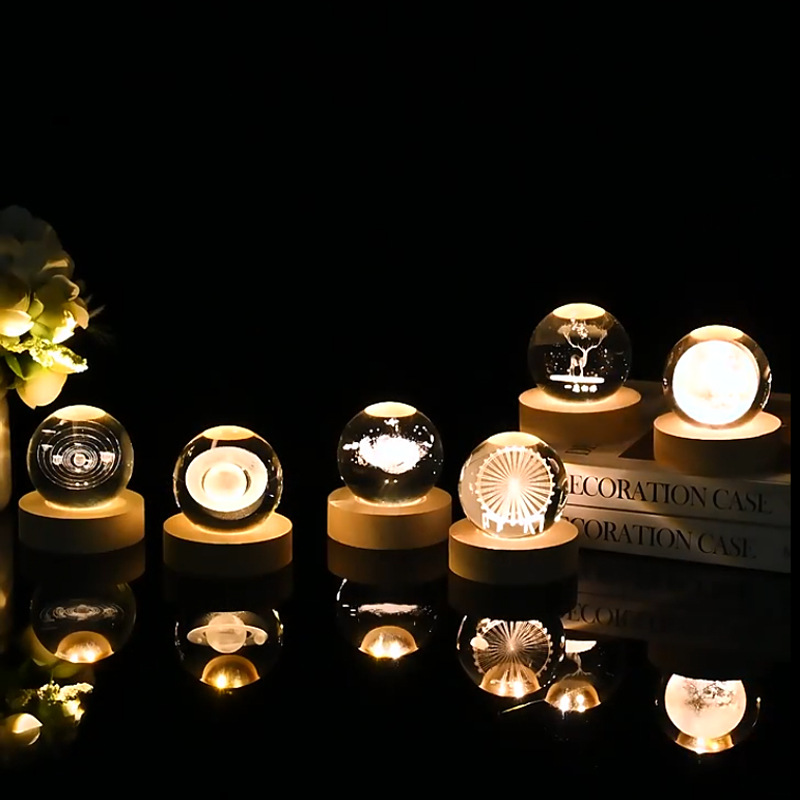 Base en bois sculptée en 3D, planète Shoe, Saturne, lune, lampe boule de cristal, cadeau créatif, collection de bureau, ornement de fête, petits cadeaux AI0001 – Image 4