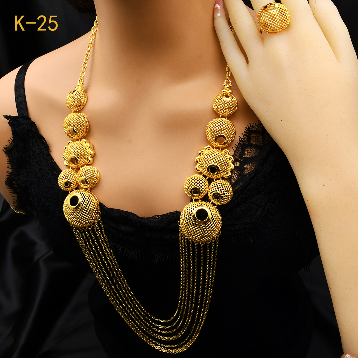 XUHUANG-Ensemble de bijoux en or 24 carats pour patients, collier à pampilles, boucles d'oreilles et bracelet, cadeaux de fête de mariage, document de Dubaï, mode, nouveau AI0001 – Image 6