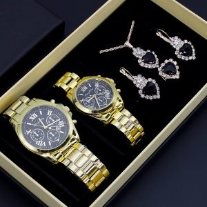 Montre-bracelet en acier de luxe pour hommes et femmes, ensemble de bijoux élégants, montre à quartz calendrier, cadeau pour amoureux, boîte, mode couple, 6 pièces AI0001