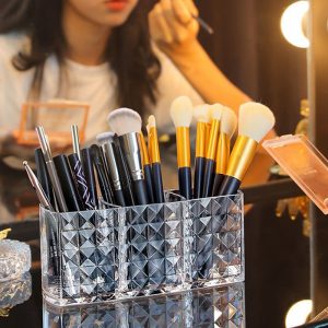 Boîte de rangement cosmétique en acrylique transparent, porte-pinceau de maquillage, support à 3 emplacements, rouge à lèvres, crayon à barrage, diamant AI0001