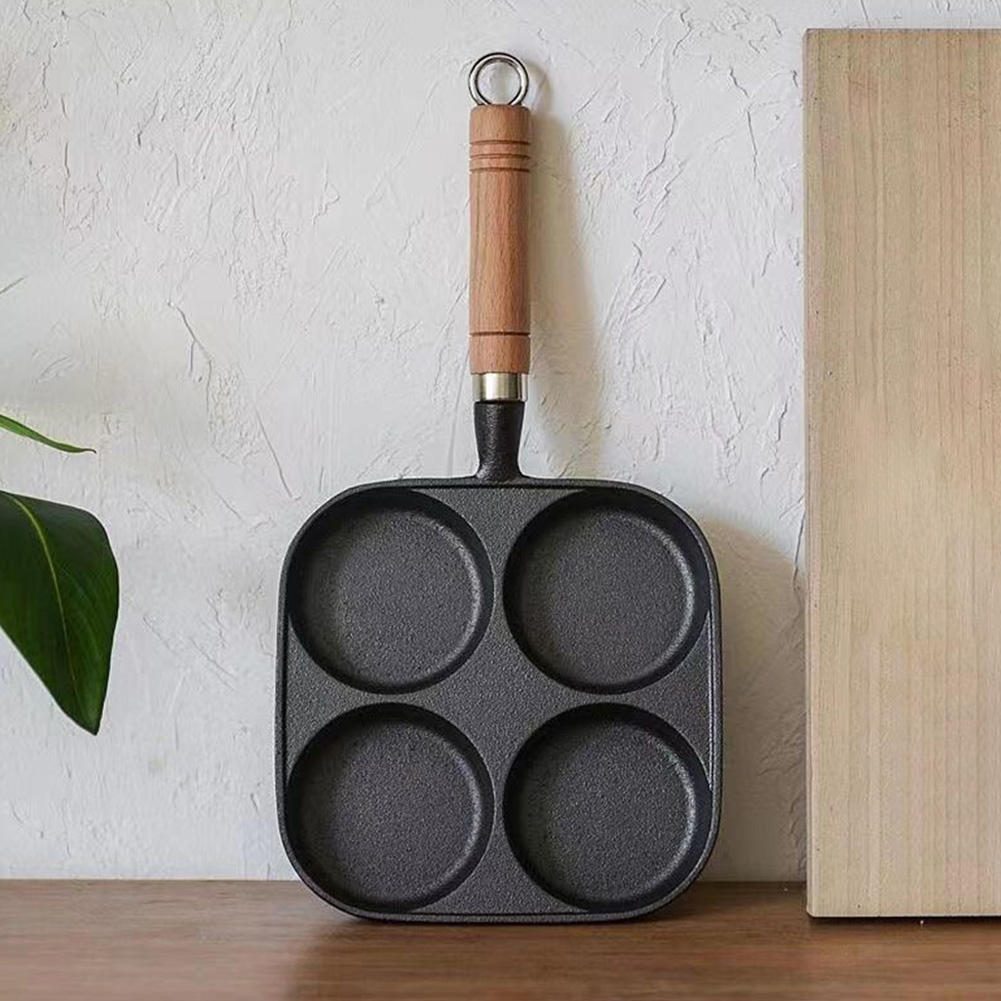 Poêle à frire antiarina à 4 trous avec manche en bois, poêle à œufs, poêle à crêpes, poêle à steak, adaptée à la cuisinière à gaz, cuisinière à induction AI0001 – Image 2