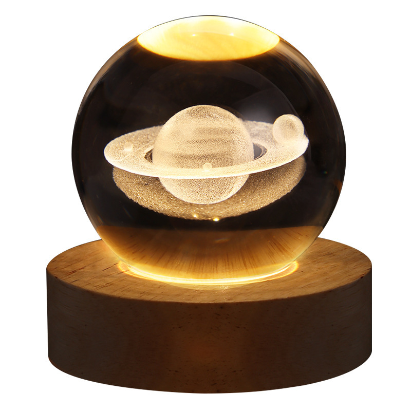 Base en bois sculptée en 3D, planète Shoe, Saturne, lune, lampe boule de cristal, cadeau créatif, collection de bureau, ornement de fête, petits cadeaux AI0001 – Image 3