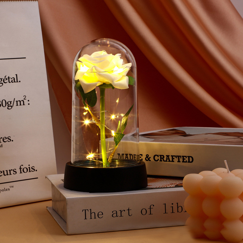 Fleurs de rose artificielles avec lumière LED, fleur en feuille d'aluminium, rose éternelle dans un couvercle en verre, décoration de mariage et de maison, cadeau d'anniversaire et de fête des mères AI0001 – Image 5