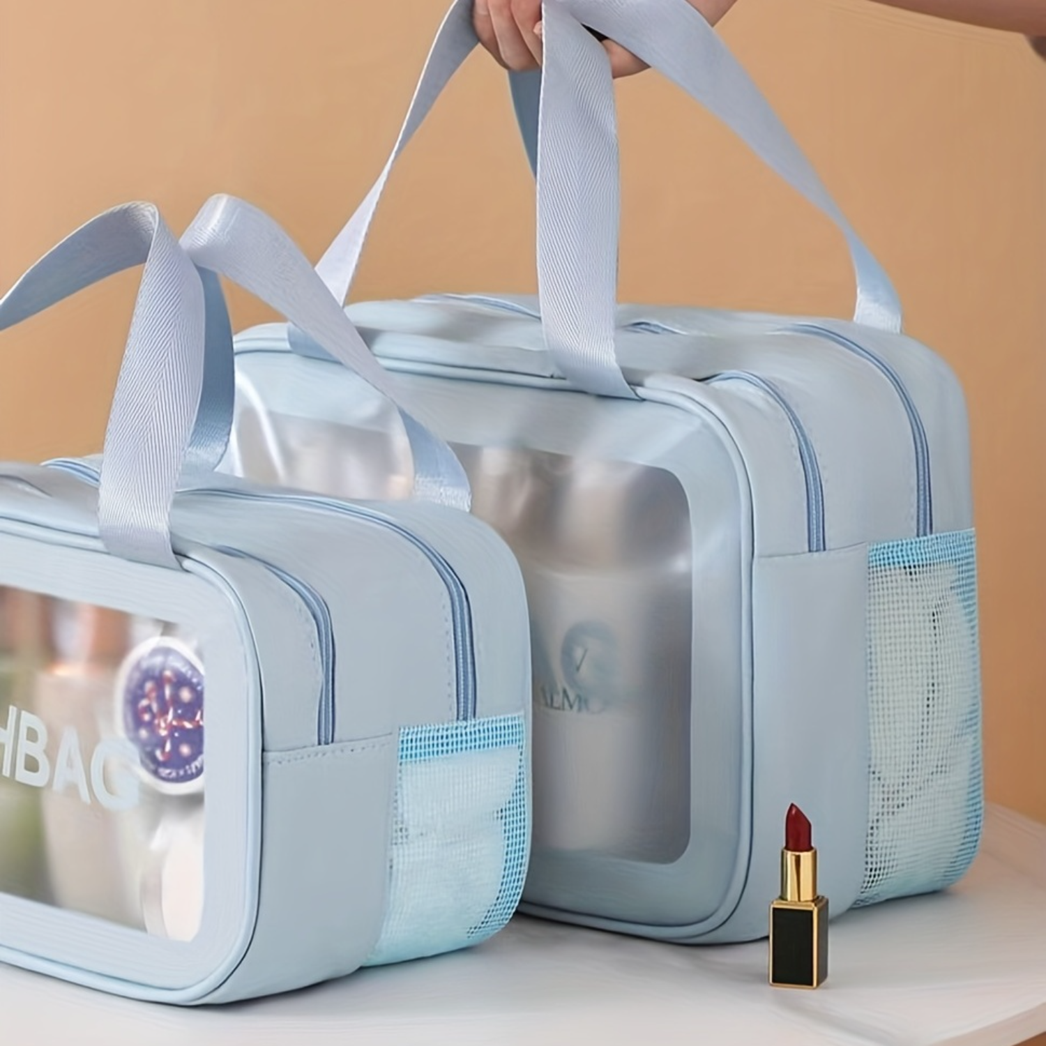Trousse de Toilette avec Support et Mathiation Sèche, Trousse Cosmétique de Voyage Portable, Trousse de Lavage Transparente et Claire AI0001 – Image 6