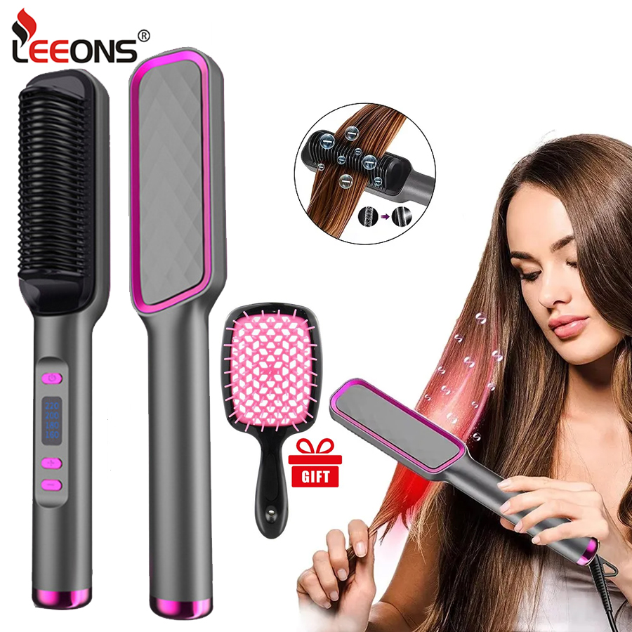 Leeons-Peigne chauffant électrique en céramique améliorée, brosse lissante ionique 2 en 1 avec fonction anti-brûlure AI0001 – Image 7