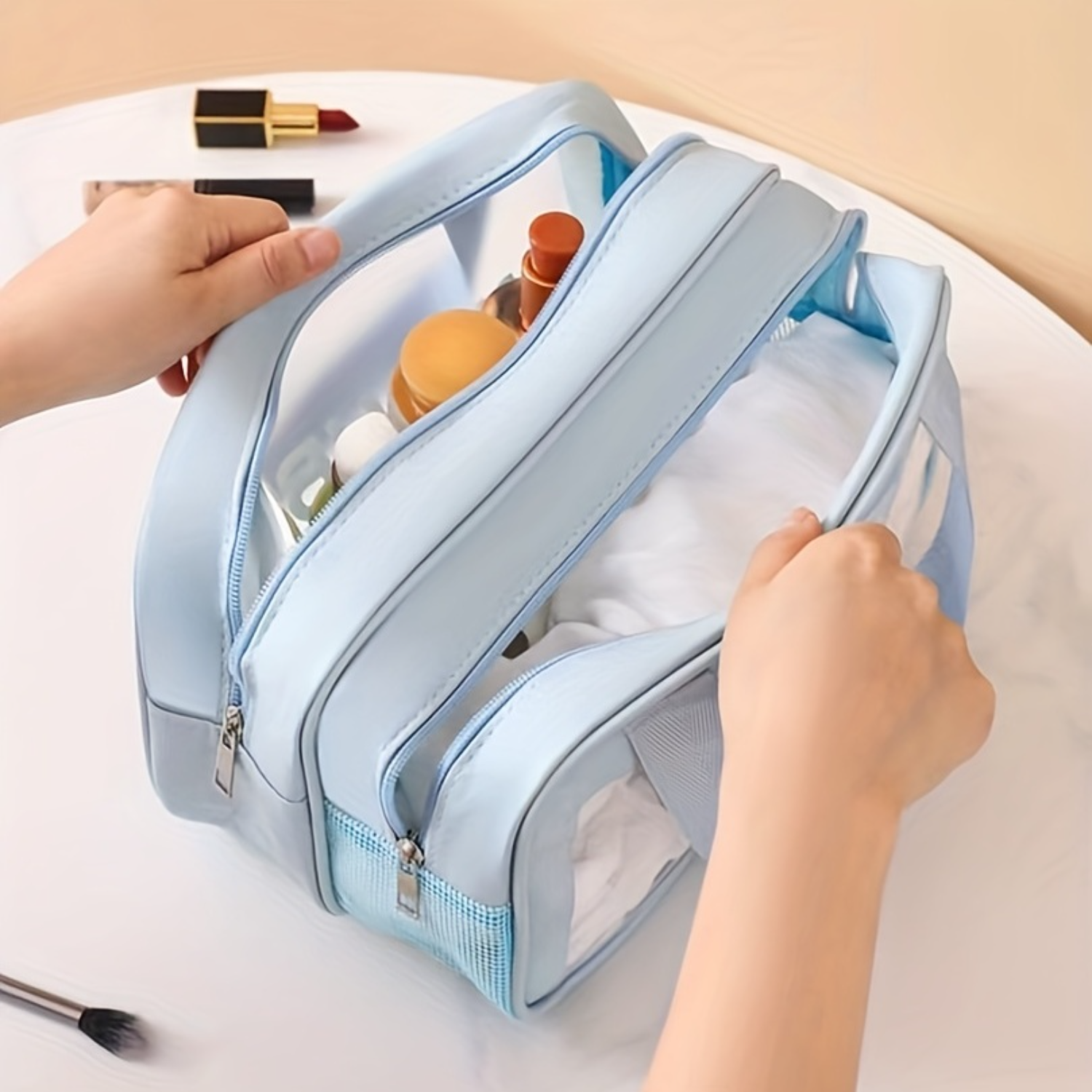 Trousse de Toilette avec Support et Mathiation Sèche, Trousse Cosmétique de Voyage Portable, Trousse de Lavage Transparente et Claire AI0001 – Image 3