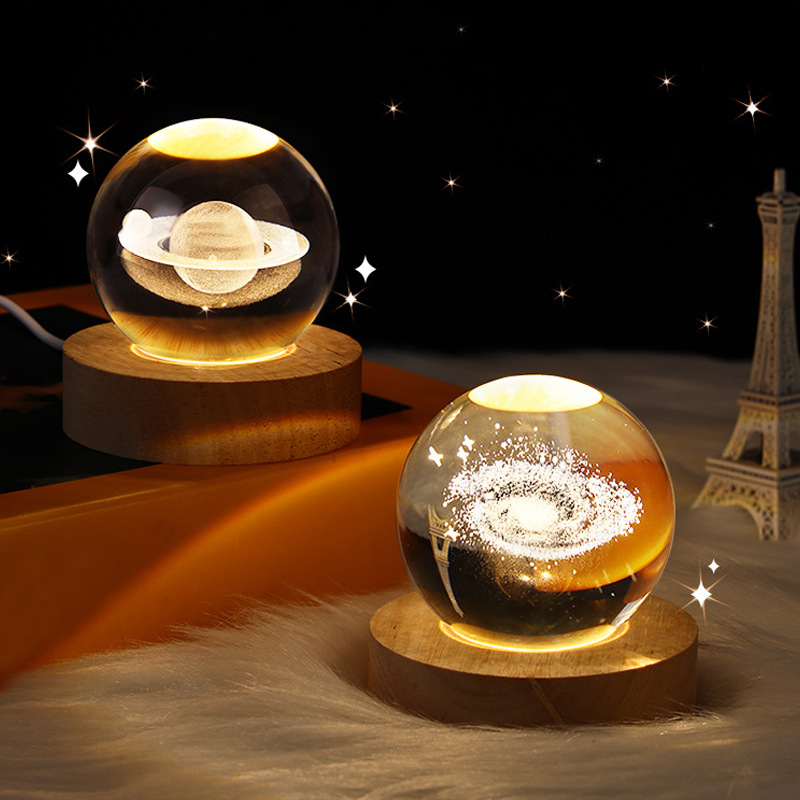 Base en bois sculptée en 3D, planète Shoe, Saturne, lune, lampe boule de cristal, cadeau créatif, collection de bureau, ornement de fête, petits cadeaux AI0001