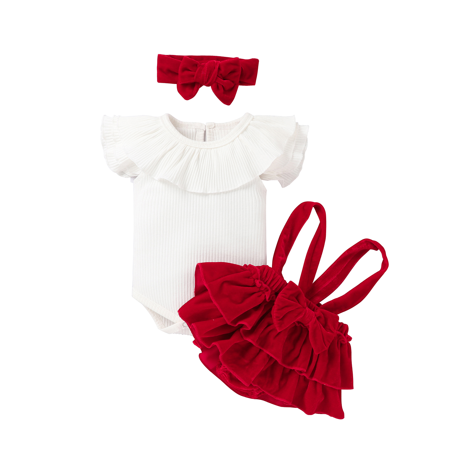 Barboteuse à manches volantes et jupe à bretelles en velours pour bébé, ensemble de tenue d'été pour nouveau-né, bandeau pour bébé, 3 pièces AI0001 – Image 7
