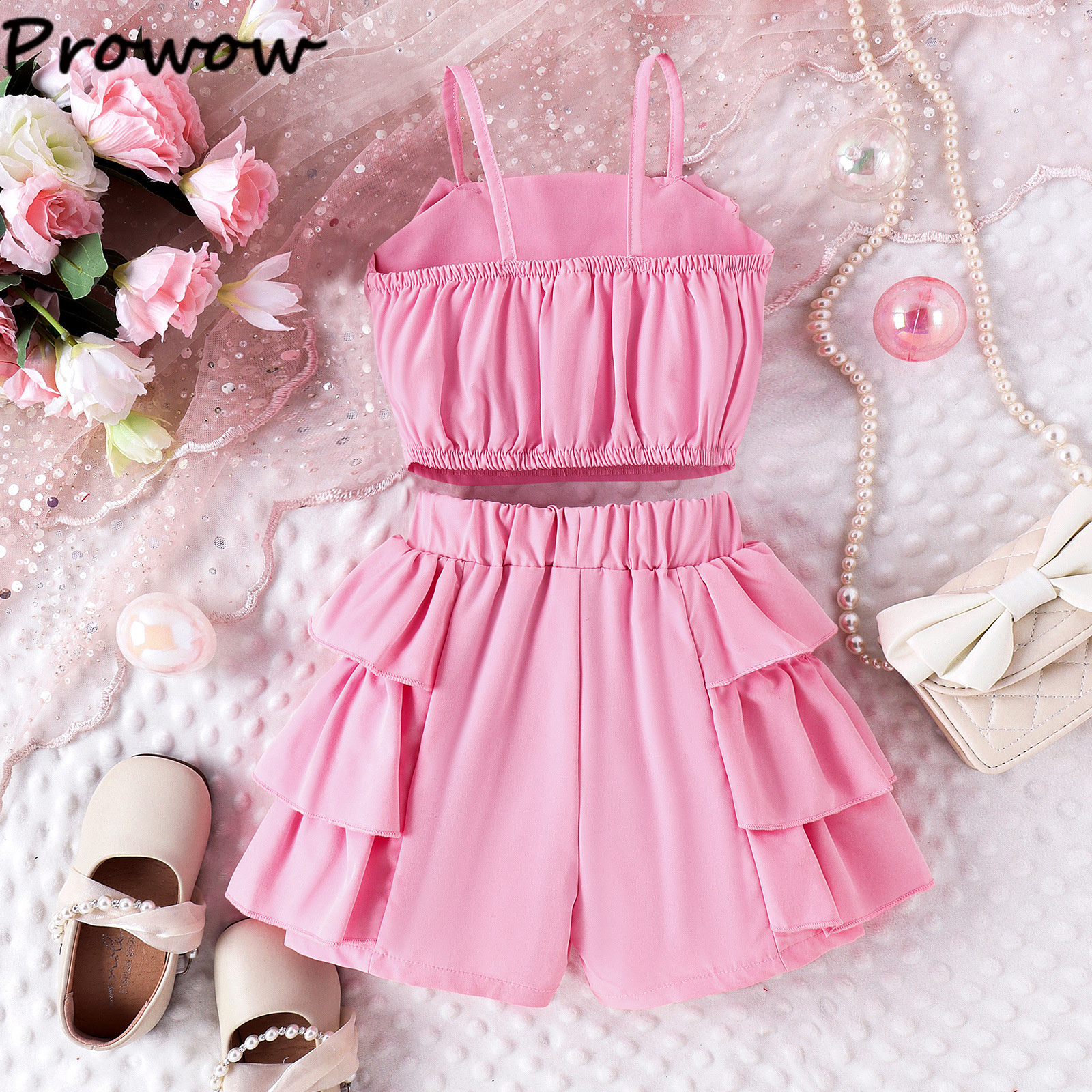 Prowow-Ensemble haut et short à volants pour jeunes filles, tenue d'été élégante, 2 pièces AI0001 – Image 6