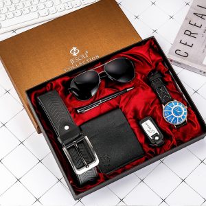 Ensemble de montre avec ceinture en cuir pour homme, portefeuille, lunettes, porte-clés, stylo, montre à quartz, coffret cadeau, affaires décontractées, coffrets cadeaux d'anniversaire AI0001