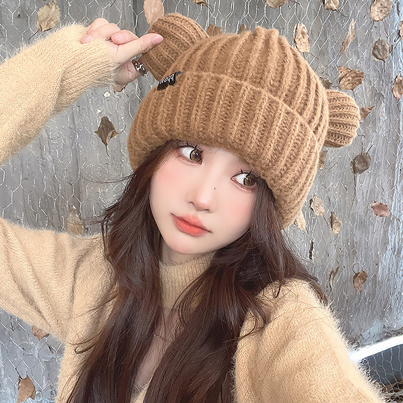 Casquettes en laine faites à la main avec des oreilles de chat pour femmes, chapeaux épais, Harajuku doux, bonnet en peluche, Y2K, cool, coréen, mignon, fille AI0001 – Image 3