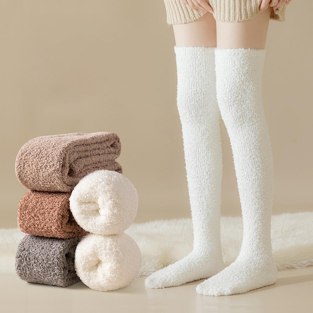 Chaussettes hautes au-dessus du genou pour femmes, chaussettes en peluche pour dormir à la maison, chaussettes de sol longues, chaussettes de cuisse hautes, chaussettes amusantes, chaudes, sourire, solide, hiver, Jk AI0001