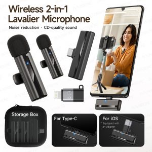 Micro-cravate Sans Fil 2-en-1 pour iPhone Android – Mini Micro avec Réduction de Bruit & Réverbération, Son Pro pour TikTok, YouTube, Podcasts, Interviews, Vlogs et Enregistrements en Direct AI0001