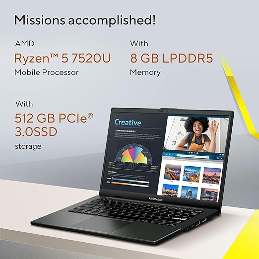 ASUS Vivobook GO 14 E140FA-NK185W (Noir Mixte) Ordinateur portable mince, R5 7520U 8GB 512GB PCIE G3 SSD, AMD Radeon, WIN11 HOME, 14 pouces, Webcam HD, Fingerprint, Eng-Arb-Keyboard EXPZD0025 – Image 2