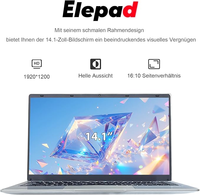 Ordinateur portable Elepad, écran IPS FHD de 14,1 pouces, processeur N4105, 6 Go de RAM, 256 Go de SSD extensible 1 To, ordinateur Windows 11 avec 2 haut-parleurs stéréo, WiFi-5, HDMI EXPZD0025 – Image 2